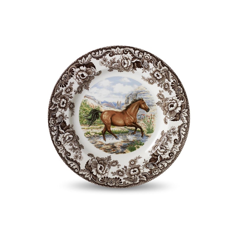 Spode Woodland American Quarter Horse Dinner Plate - 10.5 Inch Fine Earthenware with 1831 British Flowers Border, Microwave, Oven, Freezer & Dishwasher Safe - Made in England, Equestrian Tableware - Image 1